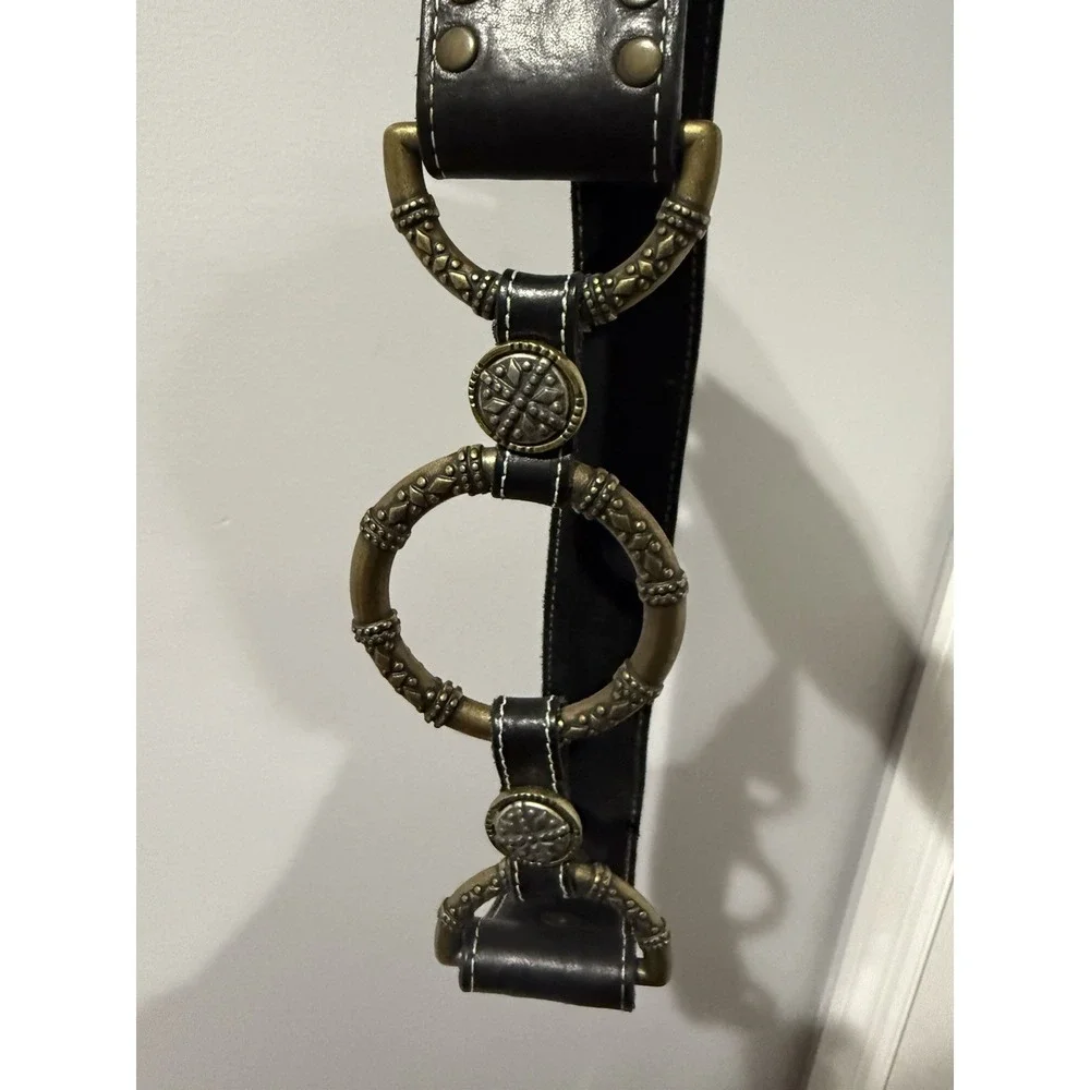 VTG Black Leather Belt Gold Brass Rings‎ Snap Closure Western Hobo Boho 42